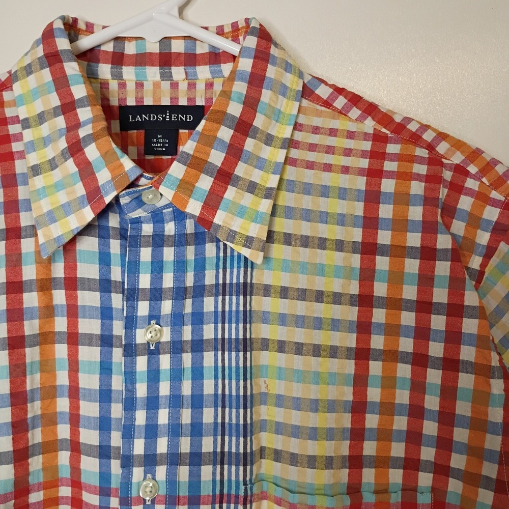 Lands' End Shirt‎ Mens Medium Seersucker Plaid Short Sleeve Button Up Multicolor - Picture 4 of 7